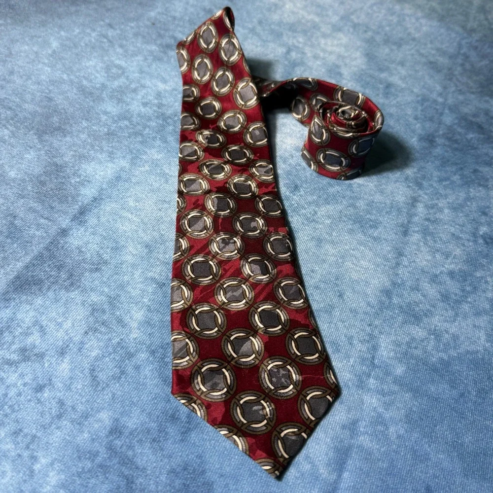 Vintage Christian Dior Monsieur Silk Geometric Necktie Burgundy Gray Made USA
